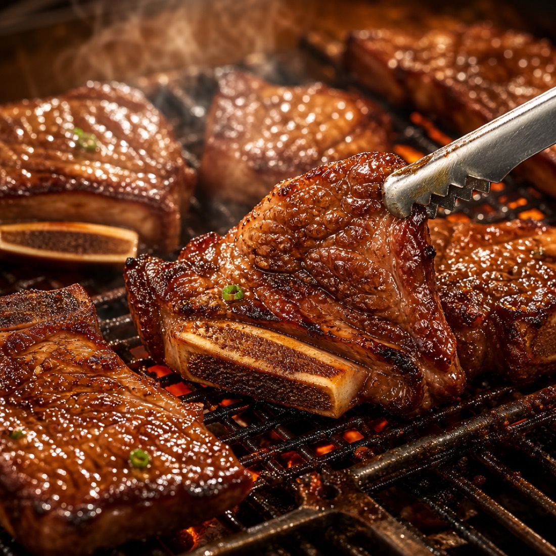 Korean BBQ galbi short ribs grilling