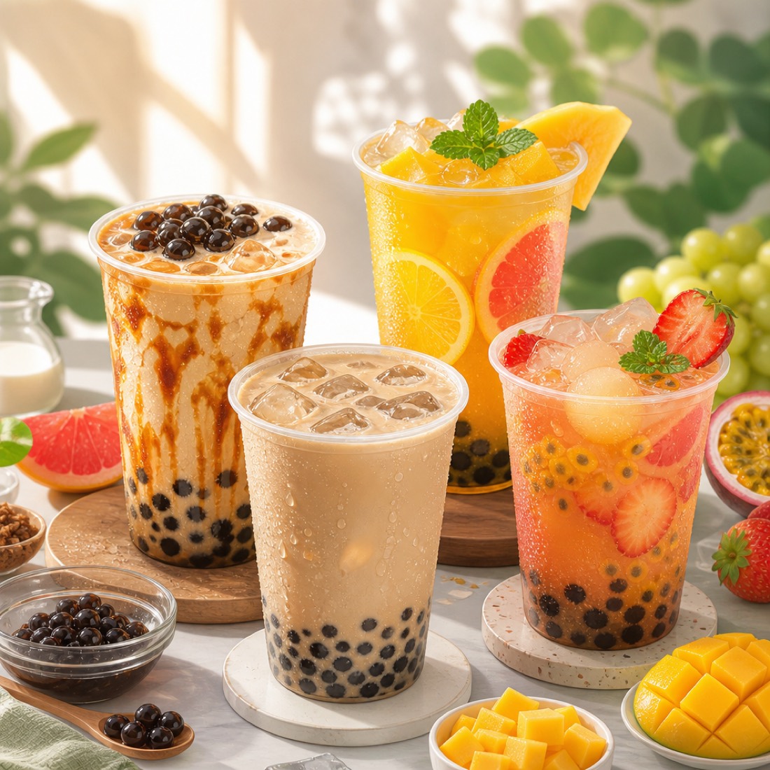 Boba milk tea and fruit teas with tapioca pearls