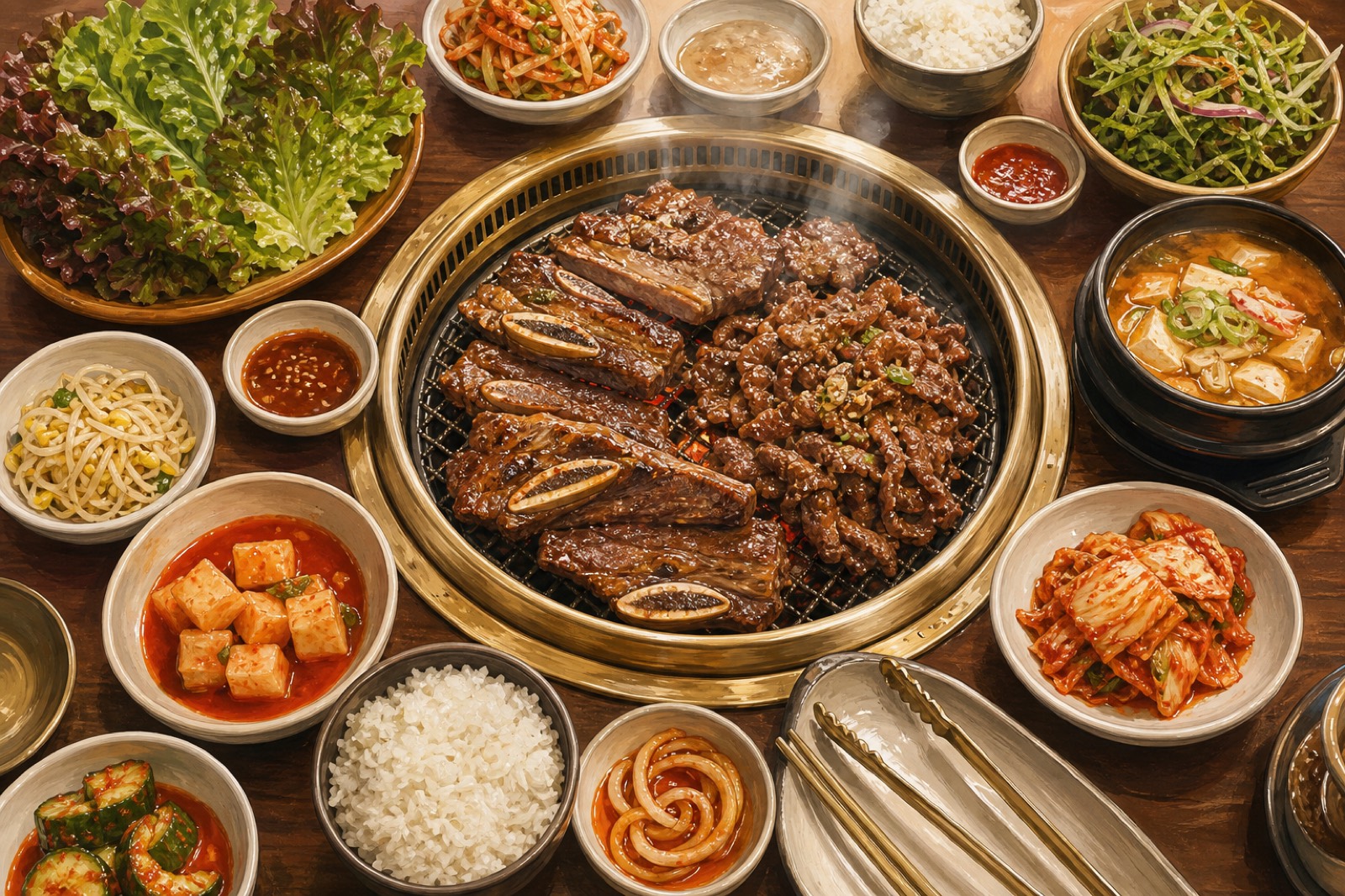 Korean BBQ spread with banchan side dishes