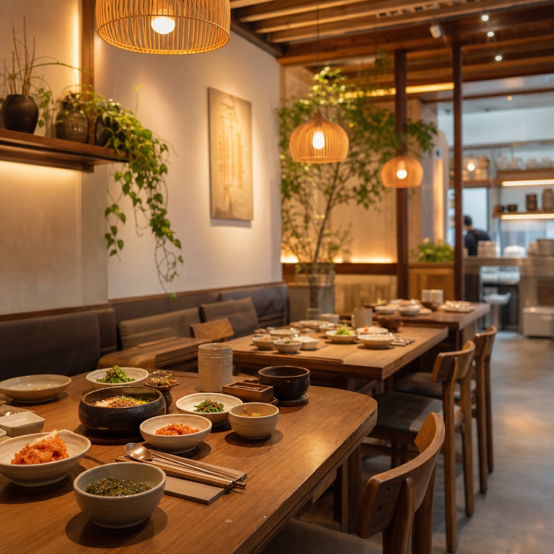 Warm, welcoming Korean restaurant interior with wooden tables and soft lighting